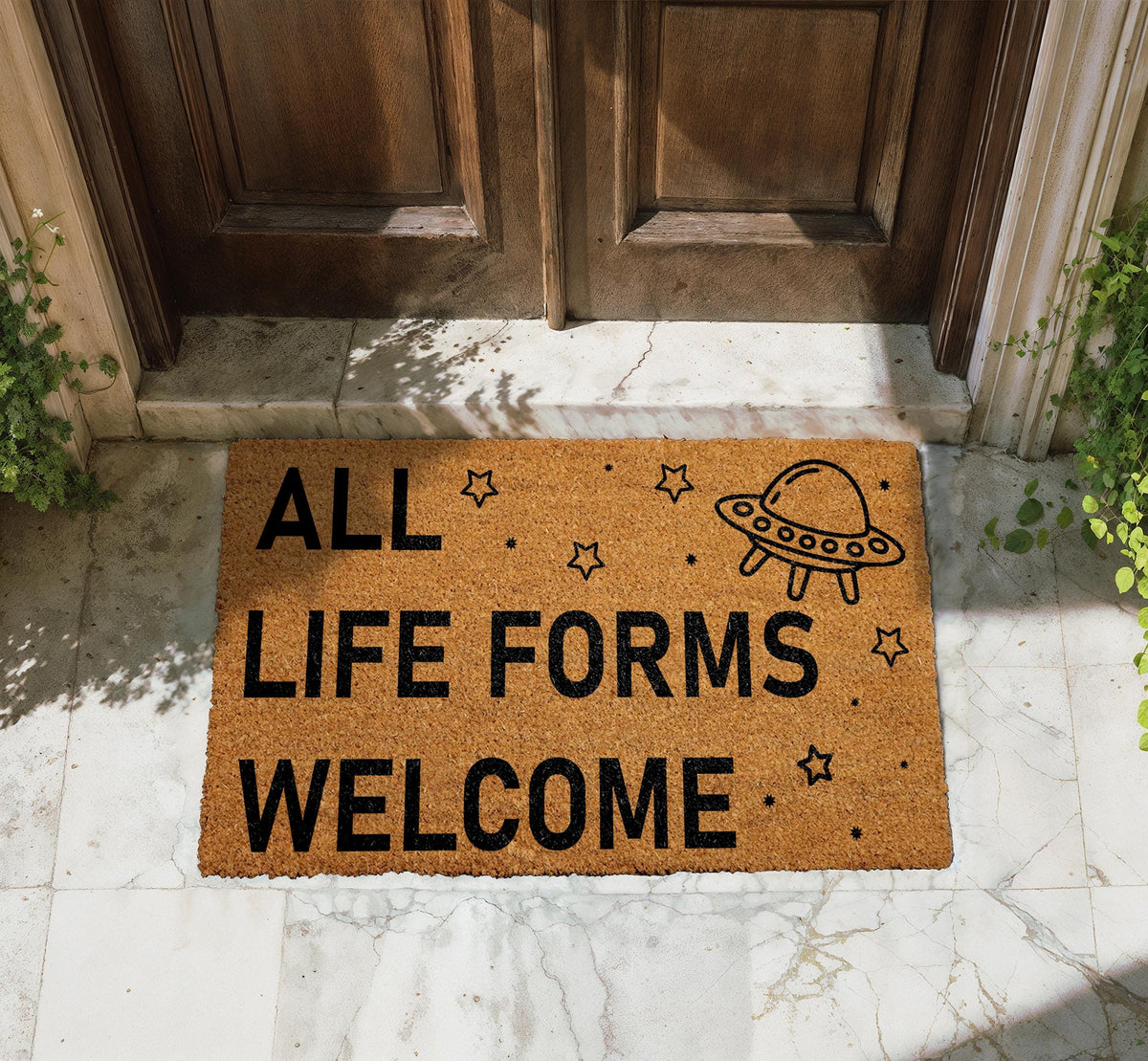 All Life Forms Welcome Doormat, Funny Alien Welcome Mat, UFO Outer Sci-Fi Lovers Porch Rug