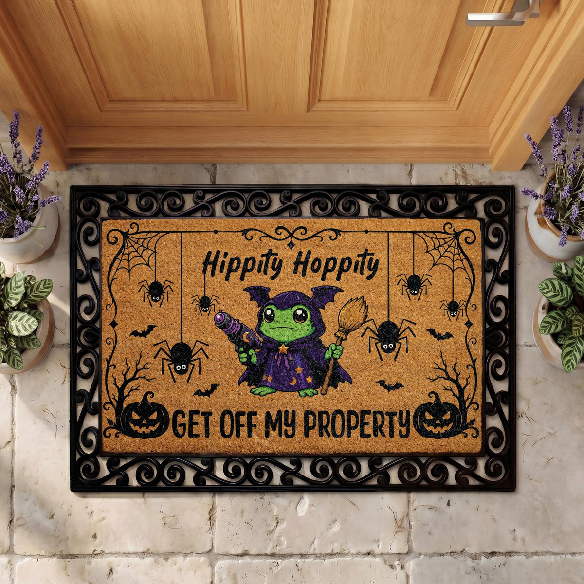 Hippity Hoppity Frog Halloween Doormat, Spooky Welcome Mat (Coir)