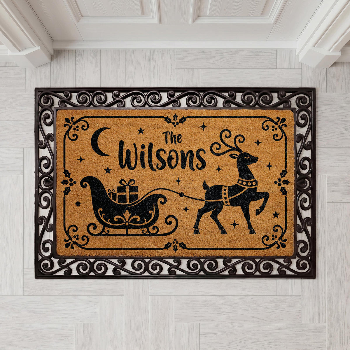 Personalized Reindeer Sleigh Doormat, Custom Family Name Holiday Welcome Mat (Coir)