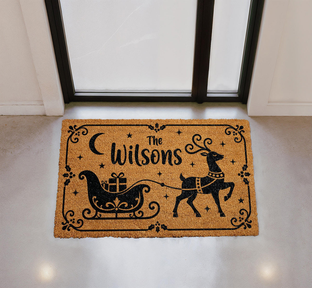 Personalized Reindeer Sleigh Doormat, Custom Family Name Holiday Welcome Mat (Coir)