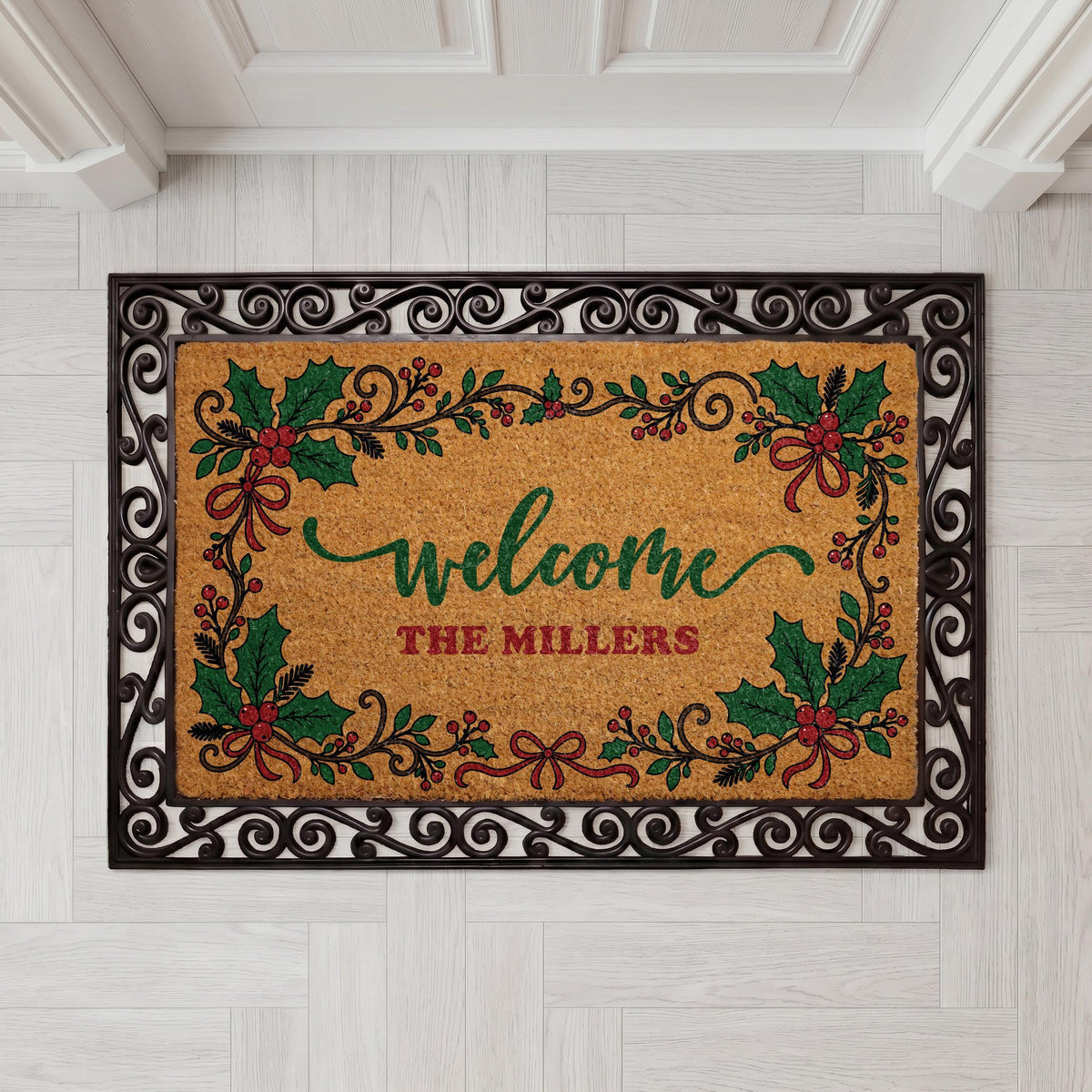 Personalized Holly Berry Christmas Doormat, Custom Family Name Welcome Mat (Coir)