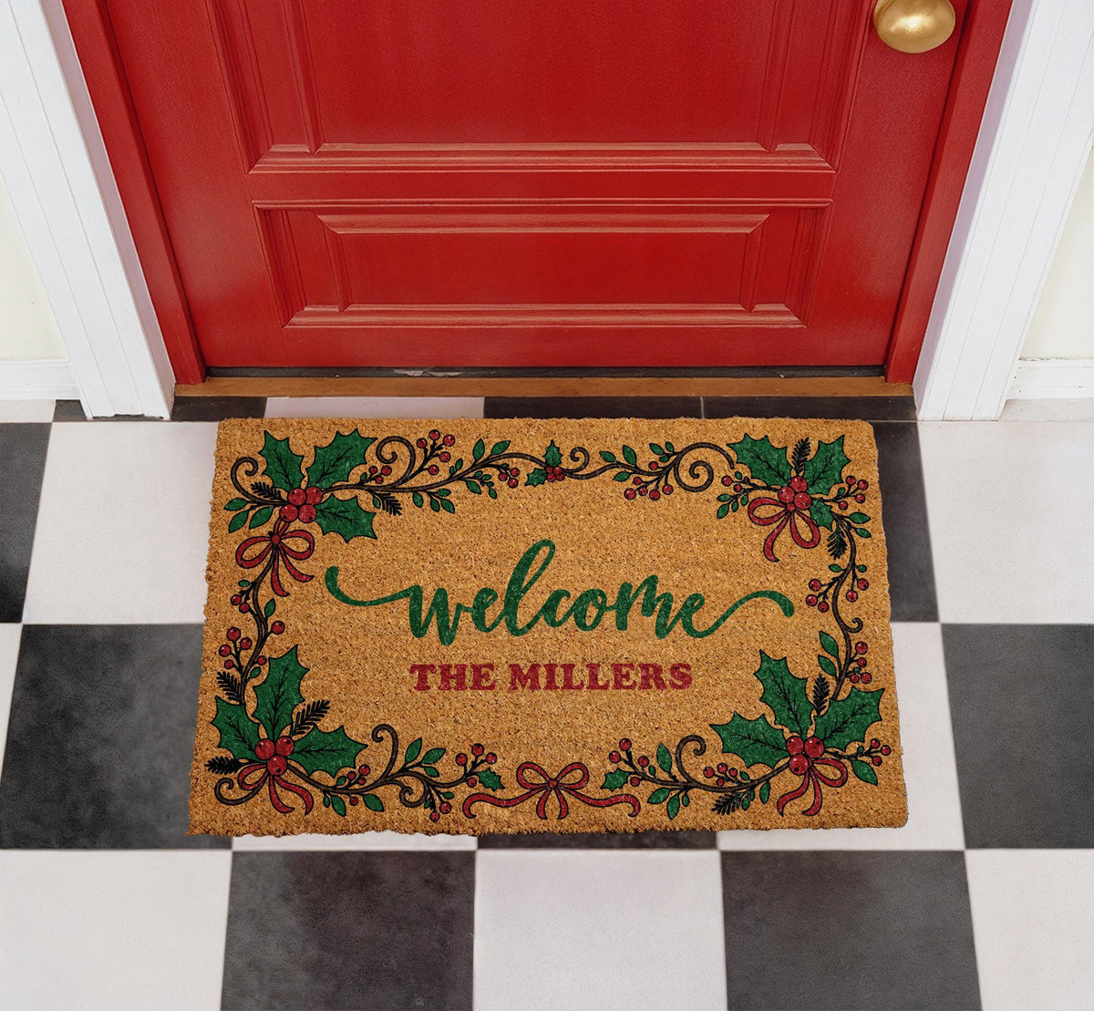 Personalized Holly Berry Christmas Doormat, Custom Family Name Welcome Mat (Coir)