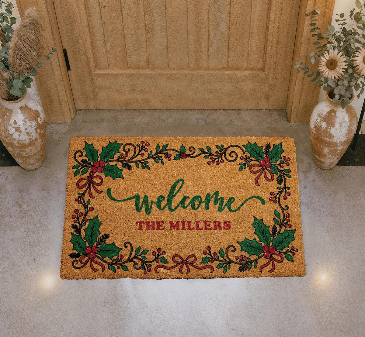 Personalized Holly Berry Christmas Doormat, Custom Family Name Welcome Mat (Coir)