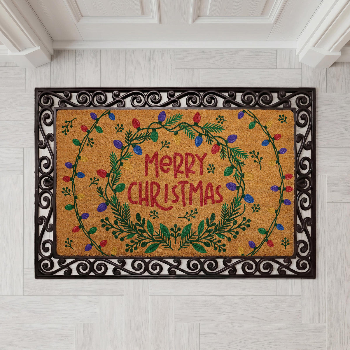 Personalized Christmas Doormat, Coir Wreath Welcome Mat, Holiday Entryway Decor