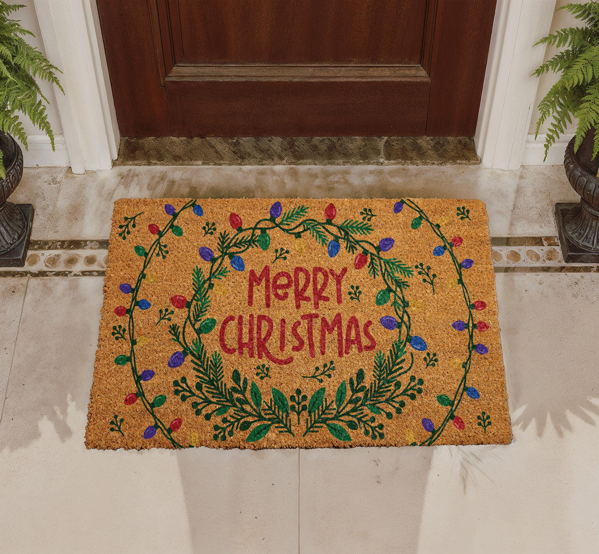 Personalized Christmas Doormat, Coir Wreath Welcome Mat, Holiday Entryway Decor
