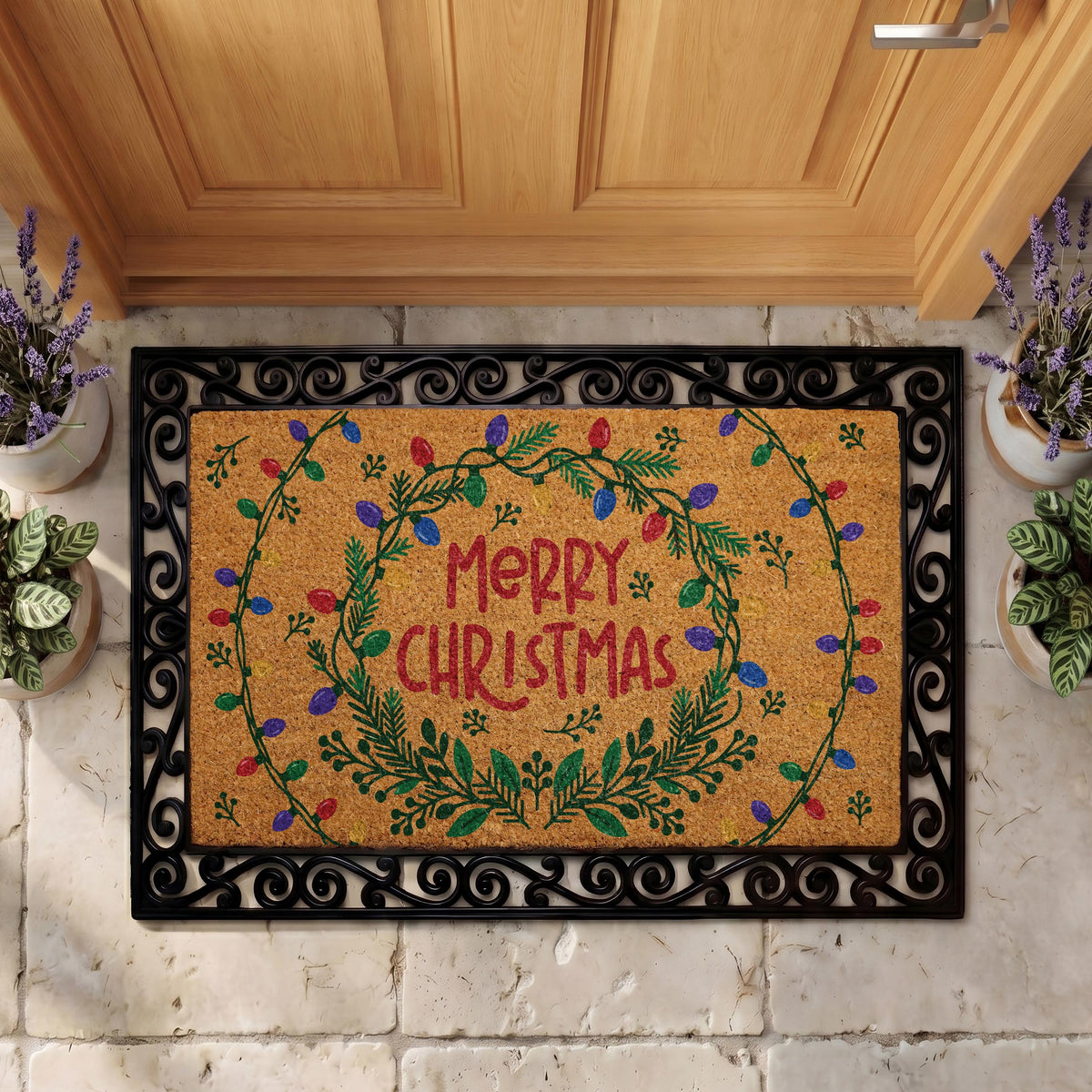 Personalized Christmas Doormat, Coir Wreath Welcome Mat, Holiday Entryway Decor