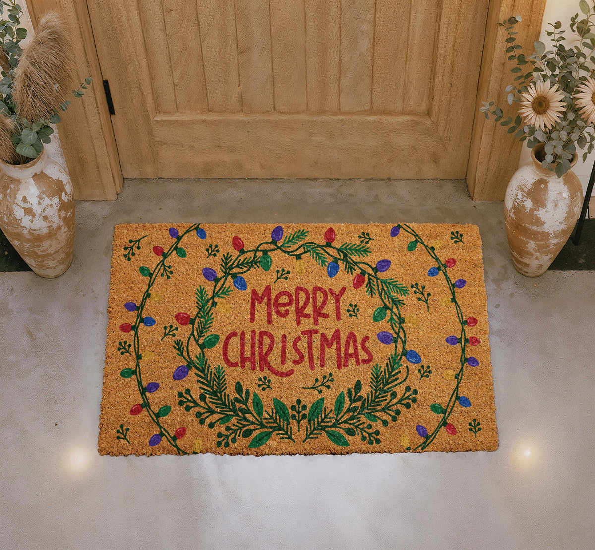 Personalized Christmas Doormat, Coir Wreath Welcome Mat, Holiday Entryway Decor