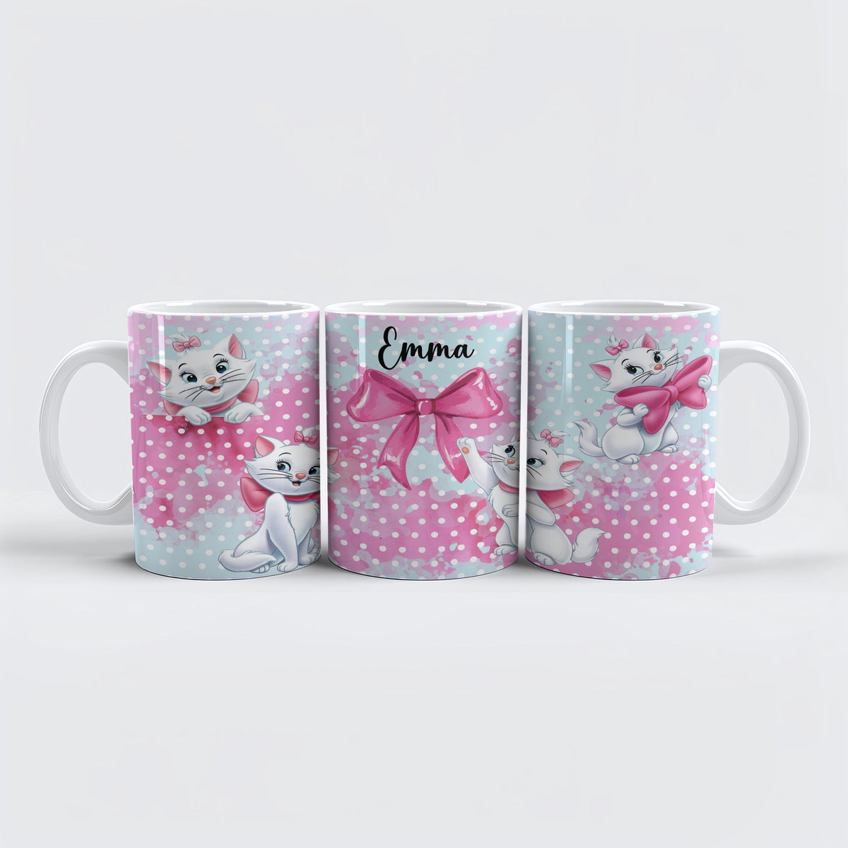 Personalized Cat Mug, Custom Name, Pink Bow, Ceramic Coffee Cup (11oz/15oz)