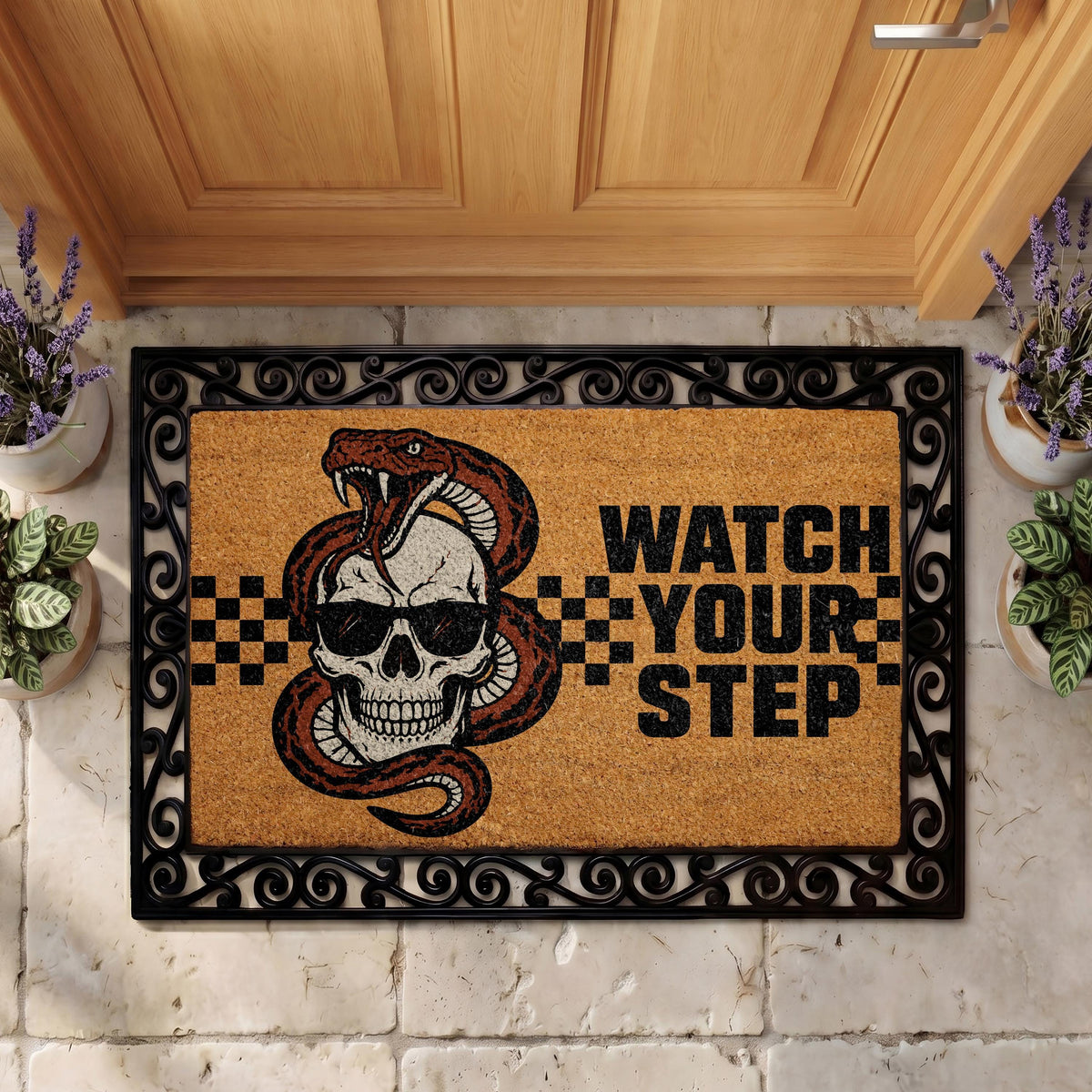 Snake Skull Doormat, Watch Your Step, Gothic Biker Porch Rug (Coir)