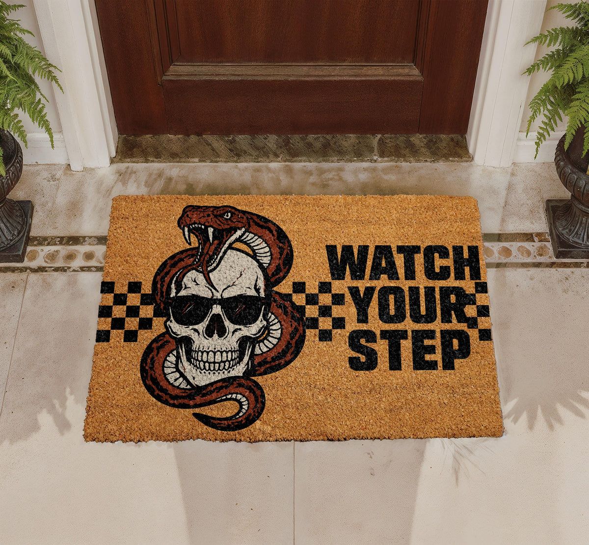 Snake Skull Doormat, Watch Your Step, Gothic Biker Porch Rug (Coir)