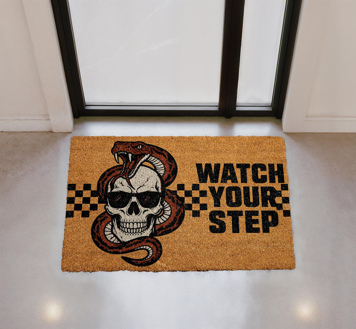 Snake Skull Doormat, Watch Your Step, Gothic Biker Porch Rug (Coir)