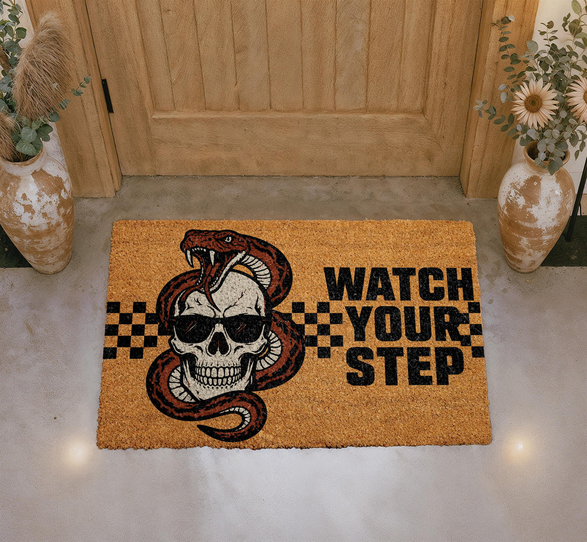 Snake Skull Doormat, Watch Your Step, Gothic Biker Porch Rug (Coir)