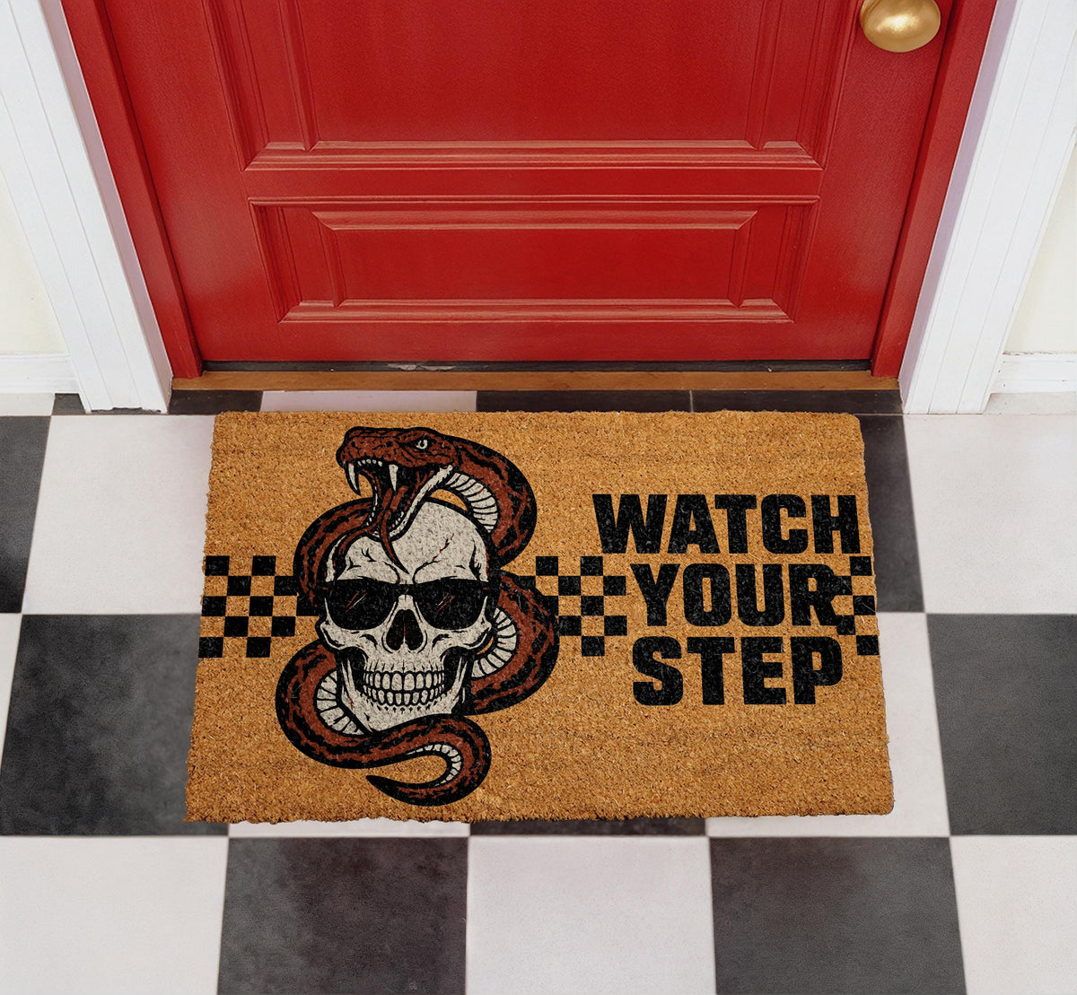 Snake Skull Doormat, Watch Your Step, Gothic Biker Porch Rug (Coir)