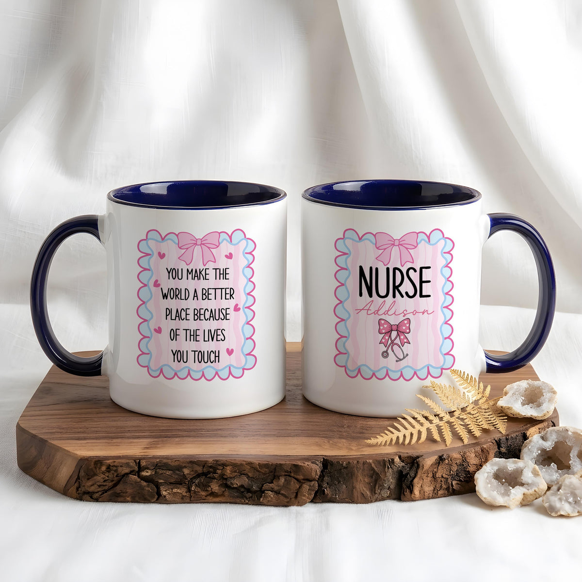 Personalized Nurse Mug, Coquette Bow Design, Custom Ceramic Coffee Cup (11oz/15oz)