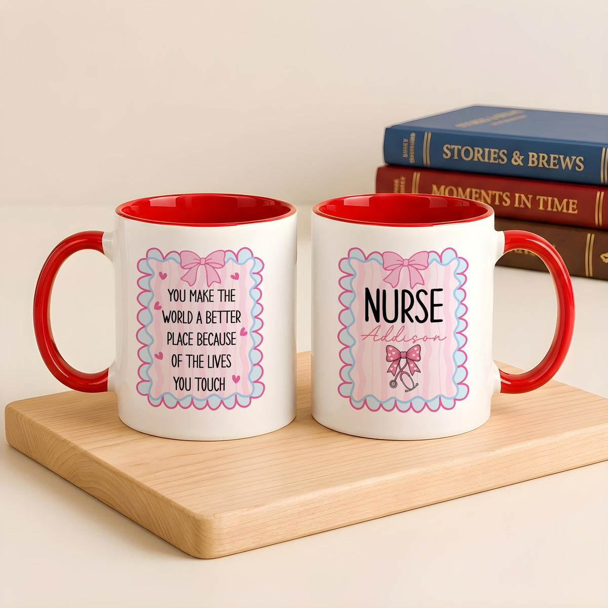 Personalized Nurse Mug, Coquette Bow Design, Custom Ceramic Coffee Cup (11oz/15oz)