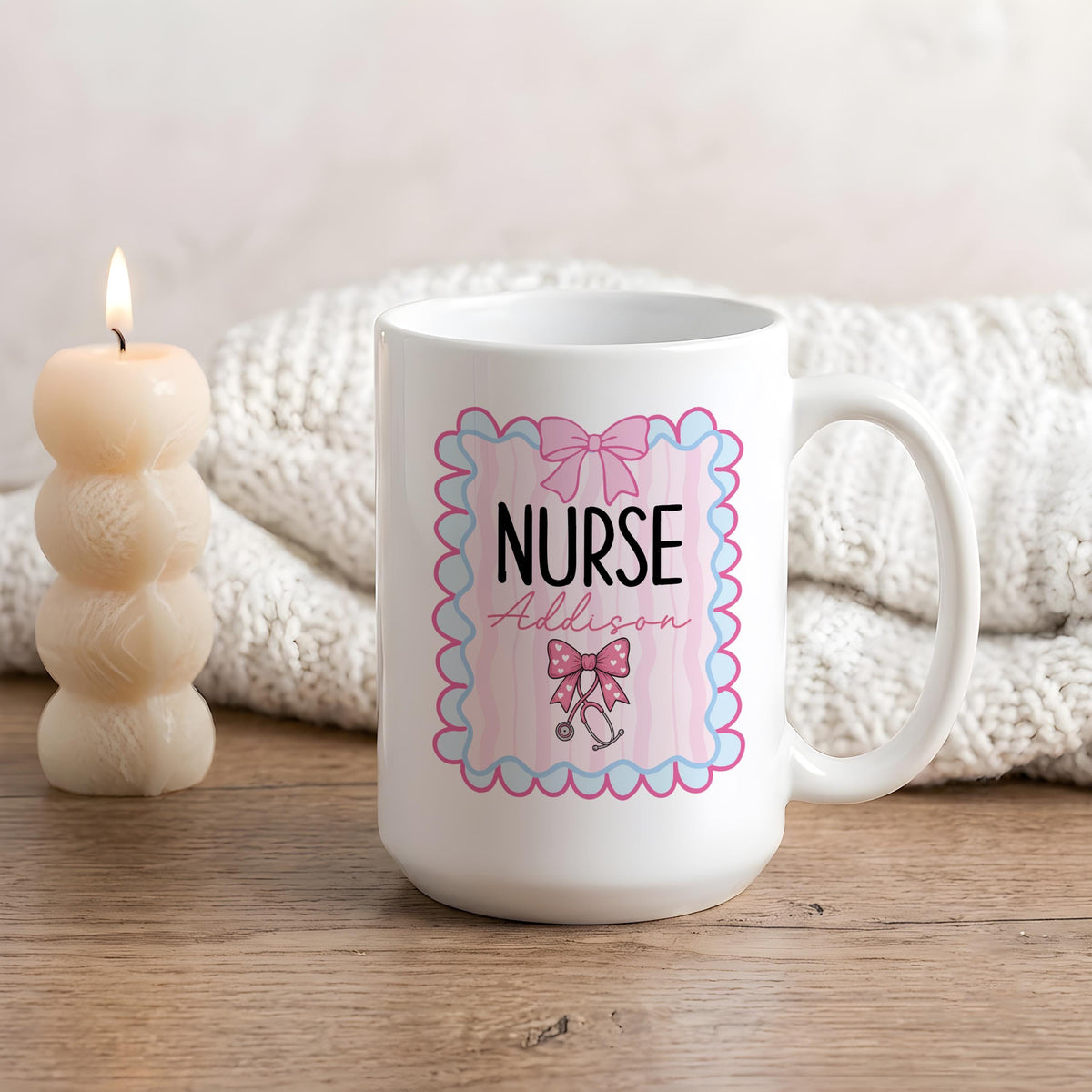Personalized Nurse Mug, Coquette Bow Design, Custom Ceramic Coffee Cup (11oz/15oz)