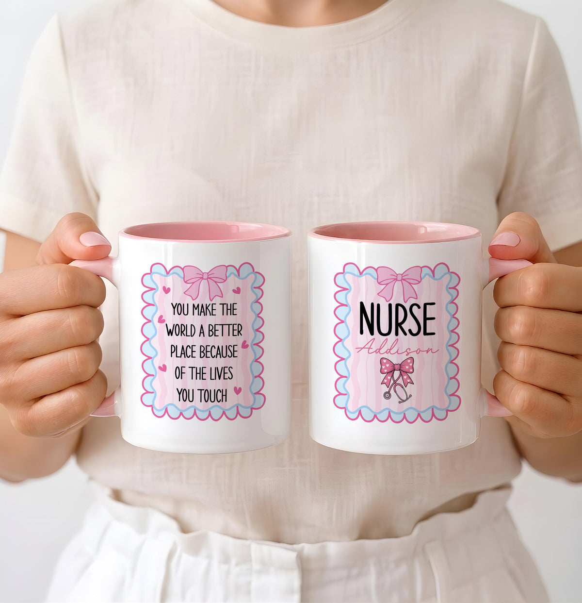 Personalized Nurse Mug, Coquette Bow Design, Custom Ceramic Coffee Cup (11oz/15oz)