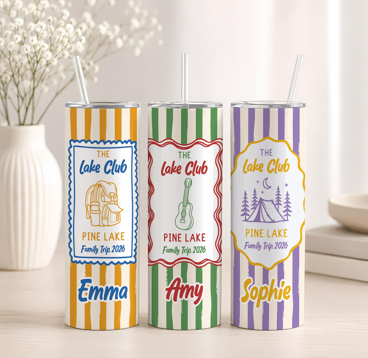 Personalized Family Trip Tumbler, Custom Name Striped Stainless Steel Cup (20oz)