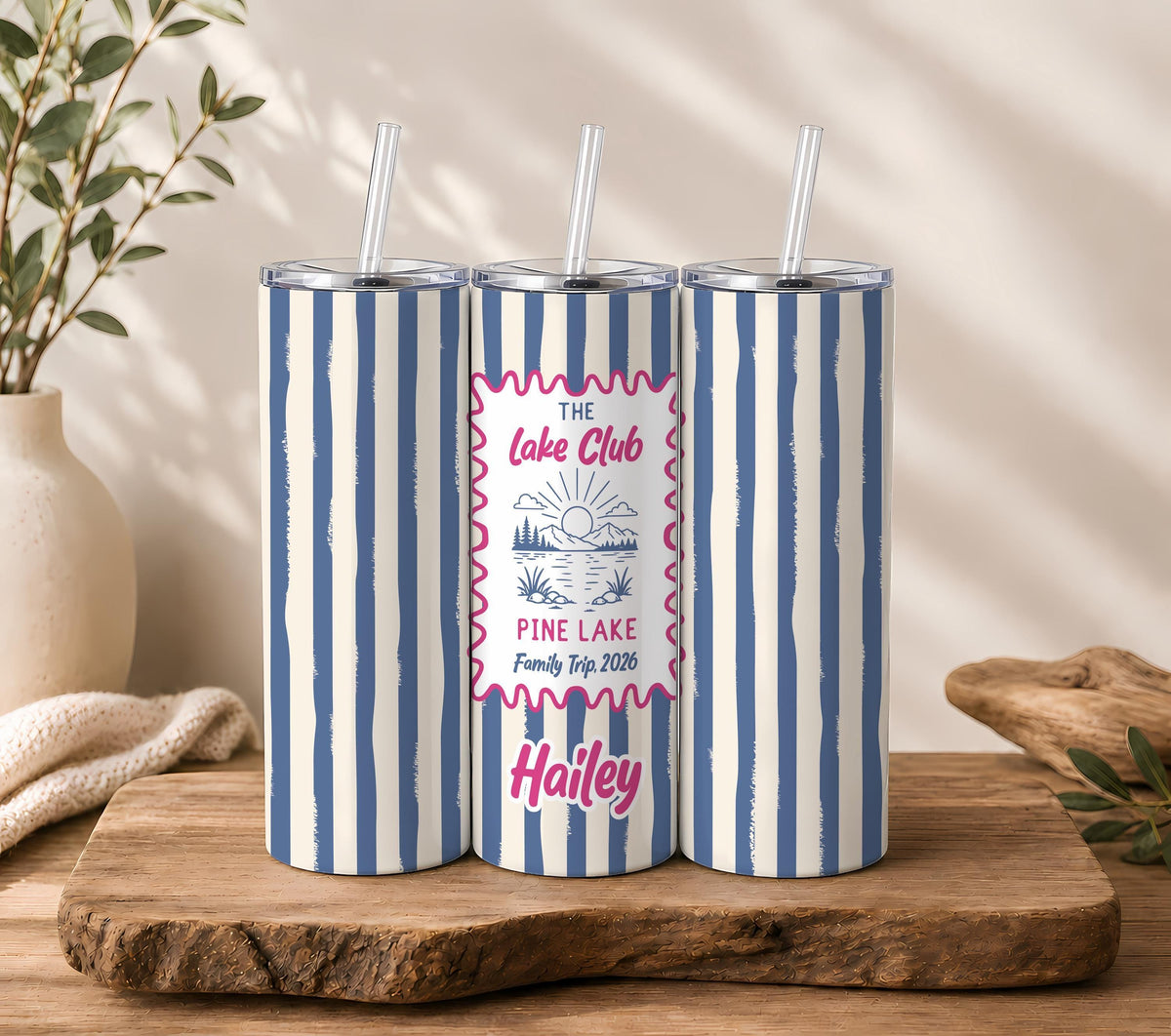 Personalized Family Trip Tumbler, Custom Name Striped Stainless Steel Cup (20oz)