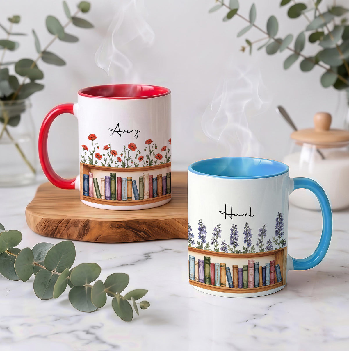 Custom Name Bookshelf Birth Flower Ceramic Mug, Personalized Floral Librarian Gift