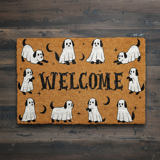Ghost Dog Halloween Doormat, Spooky Welcome Coir Mat, Cute Pet Ghost Rug, Fall Front Door Decor, Funny Animal Porch Mat