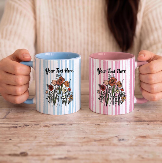 Custom Wildflower Ceramic Mug, Striped Floral Drinkware, Personalized Gift for Mom