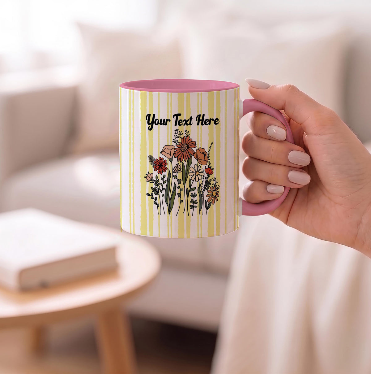 Custom Wildflower Ceramic Mug, Striped Floral Drinkware, Personalized Gift for Mom
