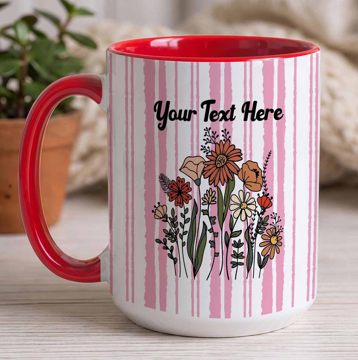 Custom Wildflower Ceramic Mug, Striped Floral Drinkware, Personalized Gift for Mom