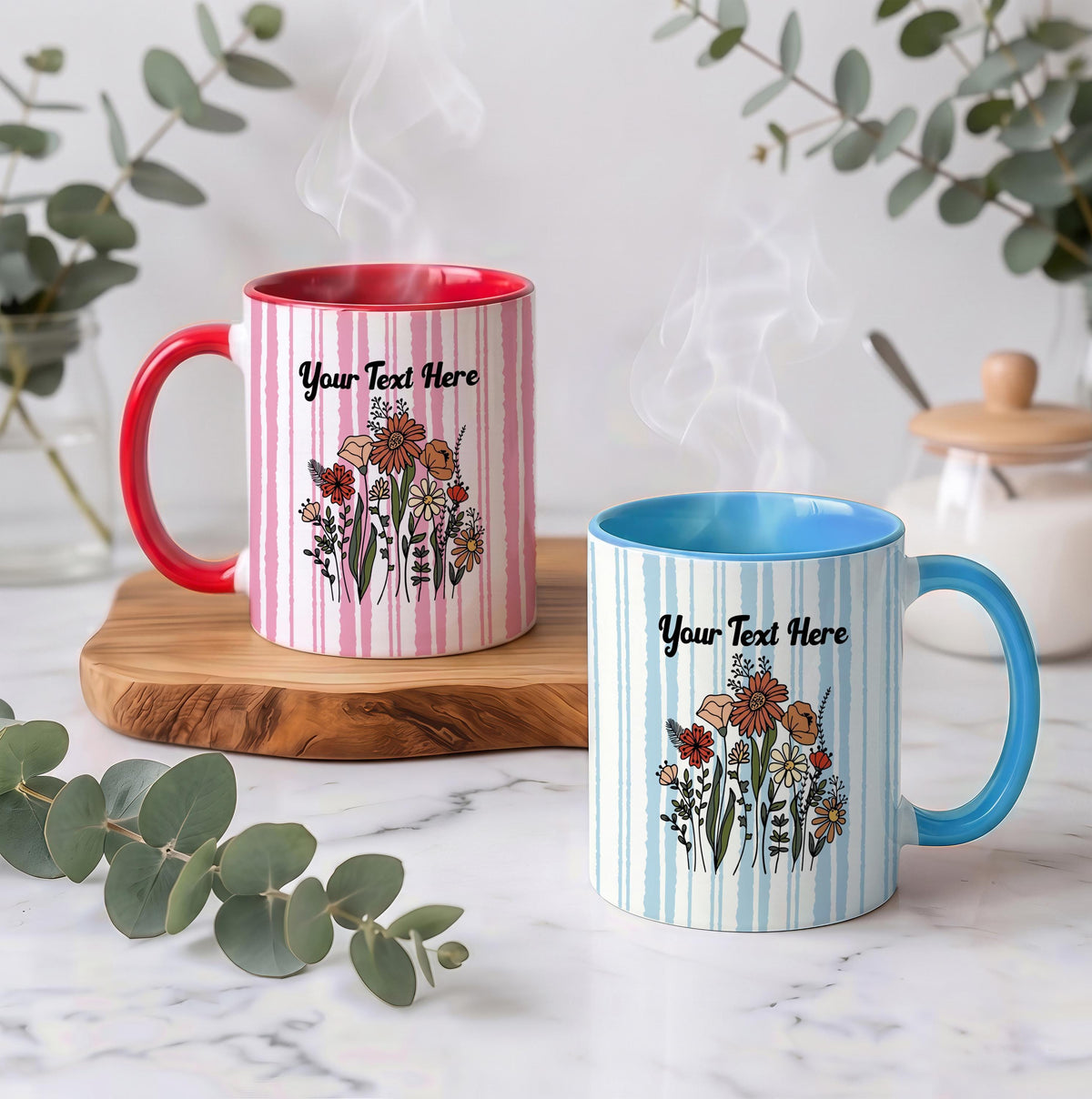 Custom Wildflower Ceramic Mug, Striped Floral Drinkware, Personalized Gift for Mom