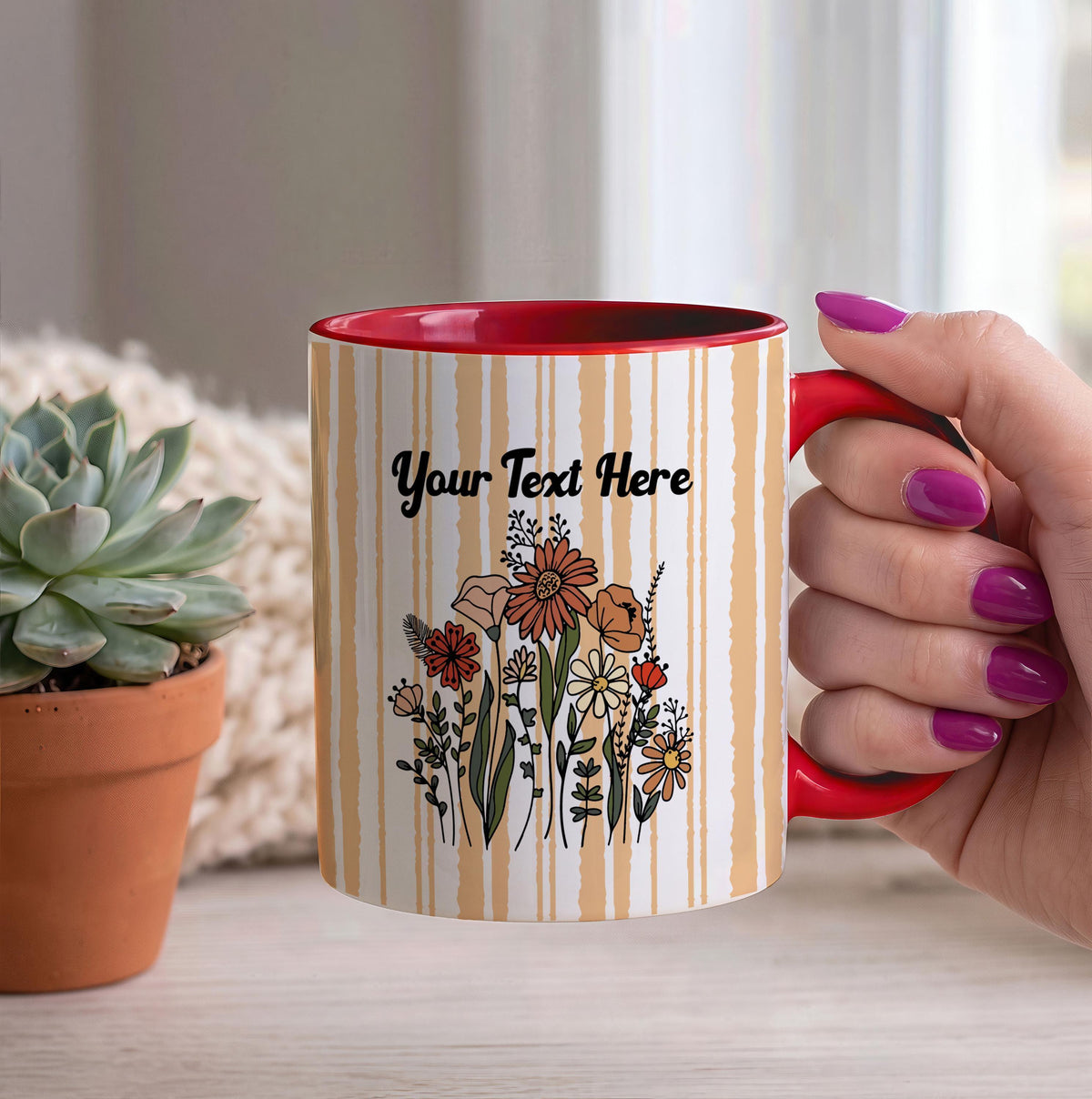 Custom Wildflower Ceramic Mug, Striped Floral Drinkware, Personalized Gift for Mom