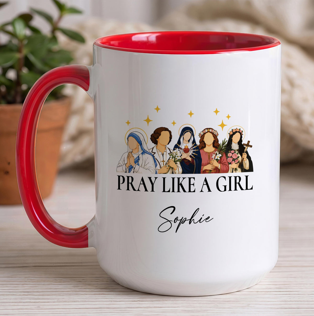 Personalized Catholic Saints Coffee Mug, Pray Like A Girl, Custom Name Ceramic Cup