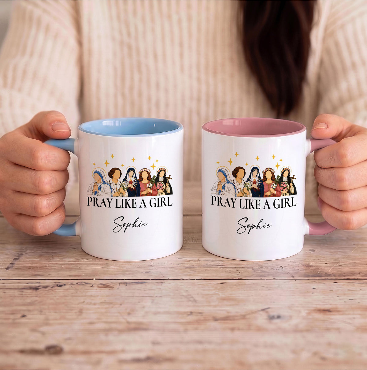 Personalized Catholic Saints Coffee Mug, Pray Like A Girl, Custom Name Ceramic Cup