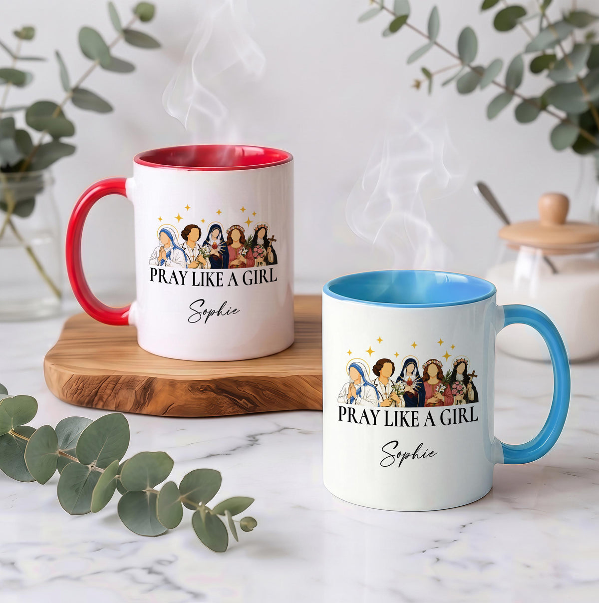 Personalized Catholic Saints Coffee Mug, Pray Like A Girl, Custom Name Ceramic Cup