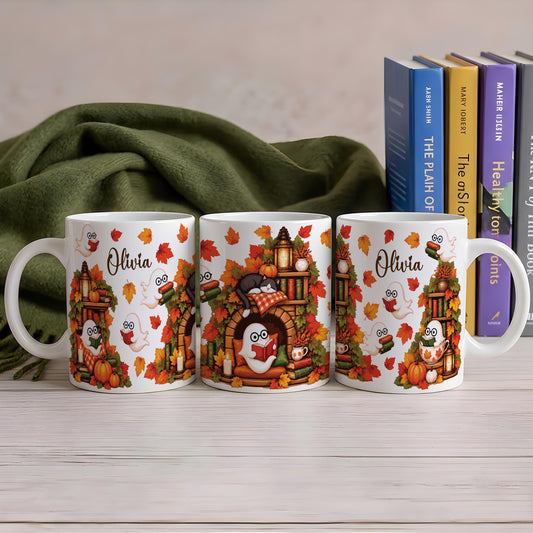 Custom Name Ghost Reading Coffee Mug, Personalized Cozy Fall Book Lover Ceramic Cup