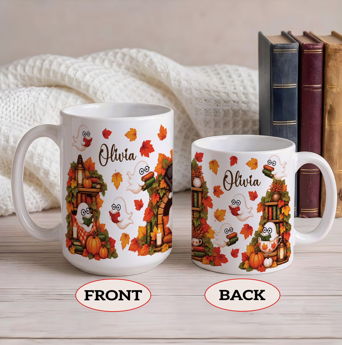 Custom Name Ghost Reading Coffee Mug, Personalized Cozy Fall Book Lover Ceramic Cup