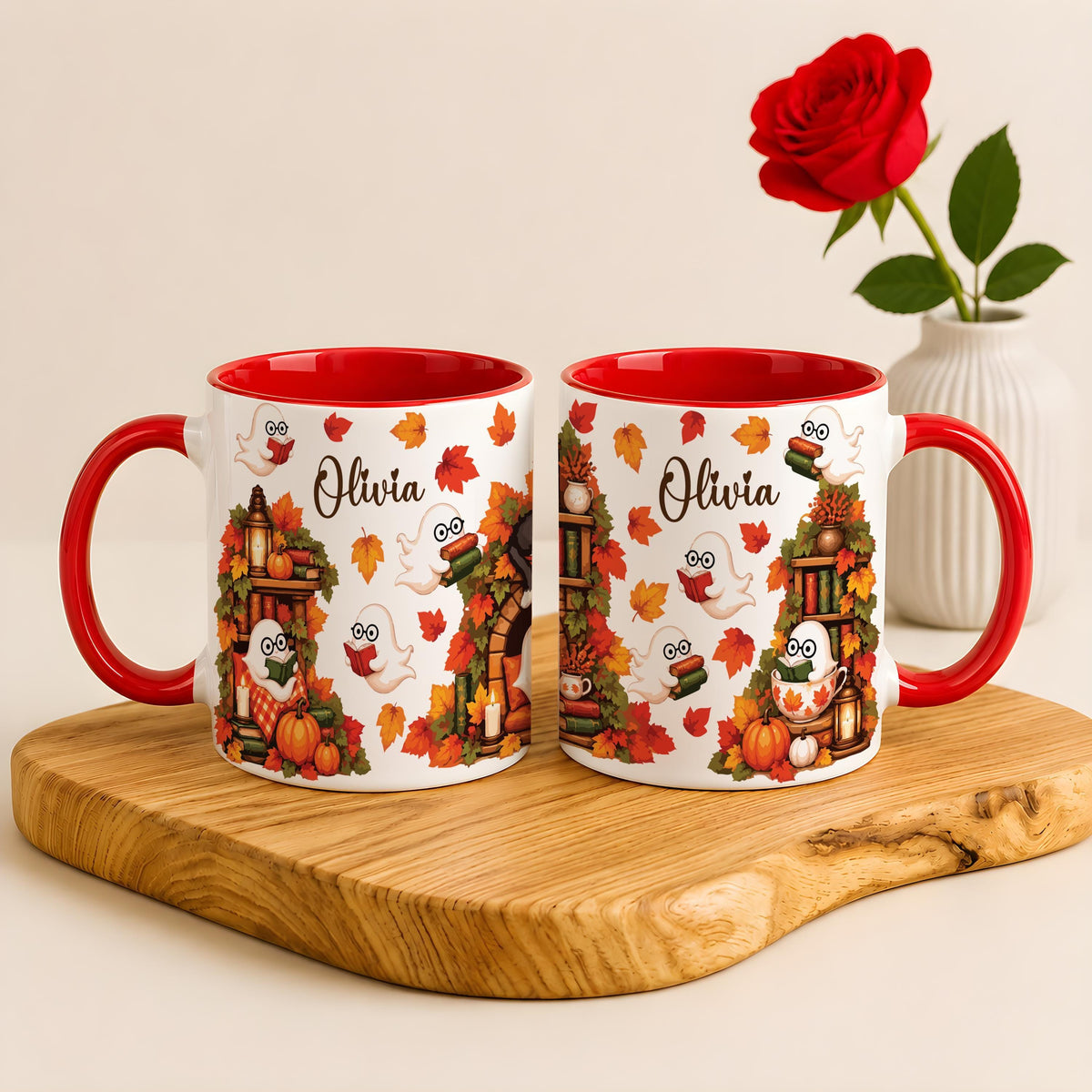 Custom Name Ghost Reading Coffee Mug, Personalized Cozy Fall Book Lover Ceramic Cup