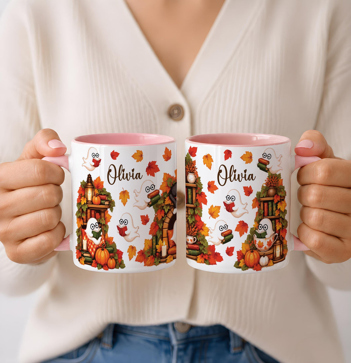 Custom Name Ghost Reading Coffee Mug, Personalized Cozy Fall Book Lover Ceramic Cup