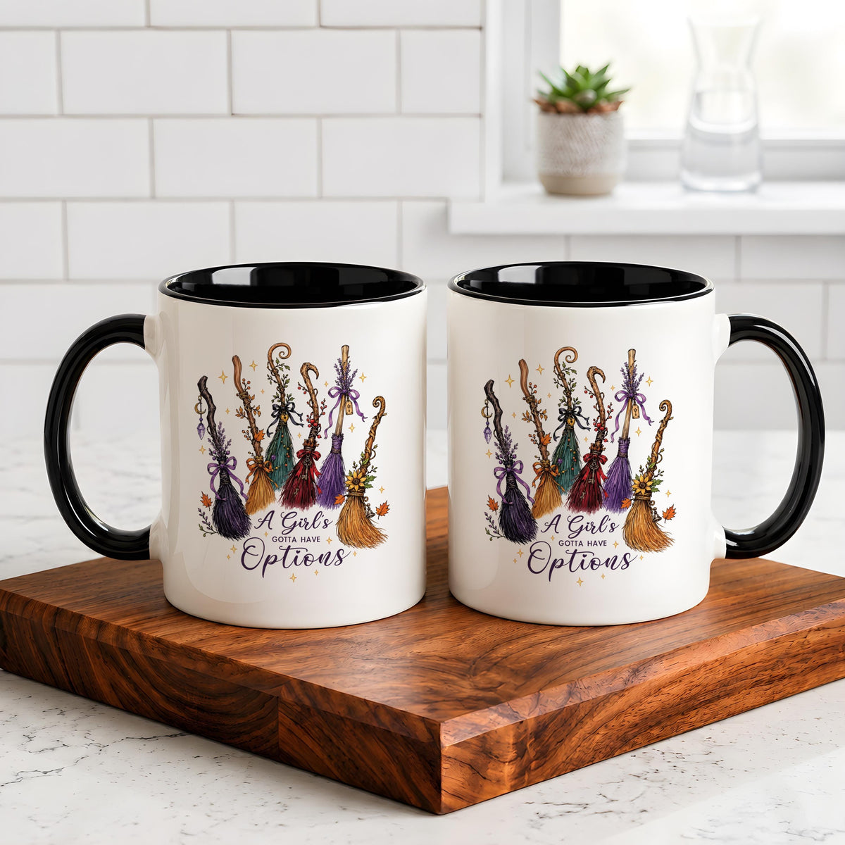A Girls Gotta Have Options Ceramic Cup, Funny Quote Witch Broomstick Coffee Mug