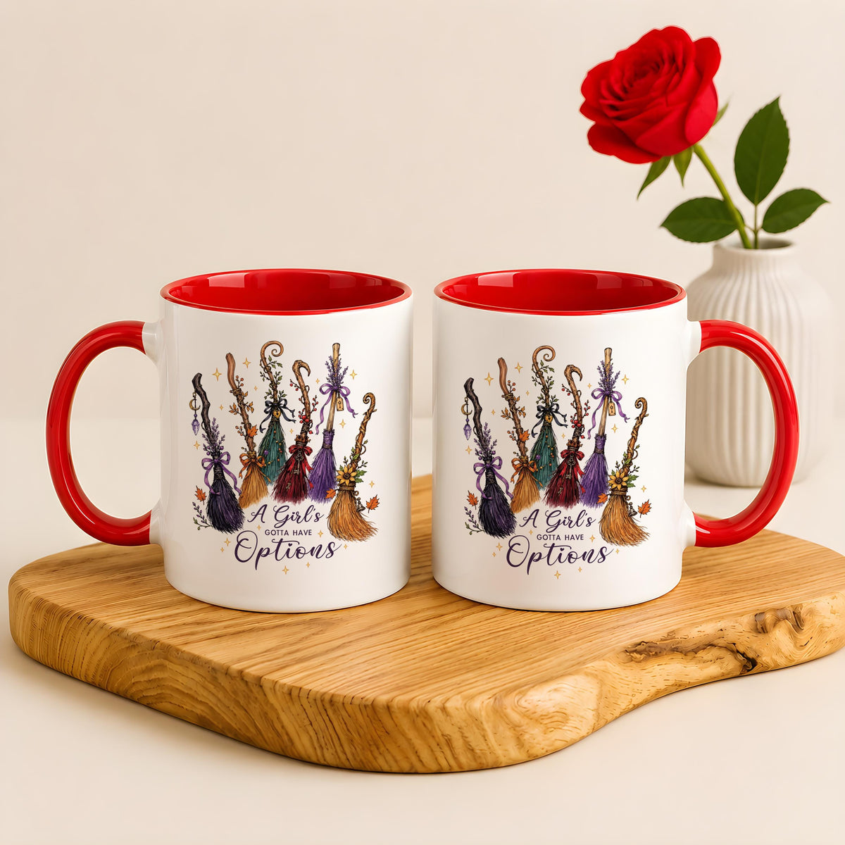 A Girls Gotta Have Options Ceramic Cup, Funny Quote Witch Broomstick Coffee Mug