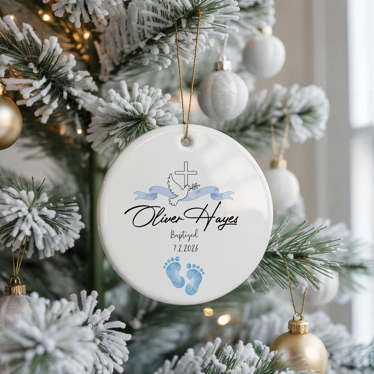 Personalized Ceramic Ornament: Baptized Baby Feet, Gold String (2.75-inch)