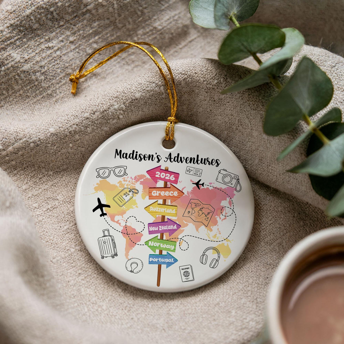 Personalized Travel Map Ceramic Ornament, 2026 Wanderlust Keepsake (2.75-inch)