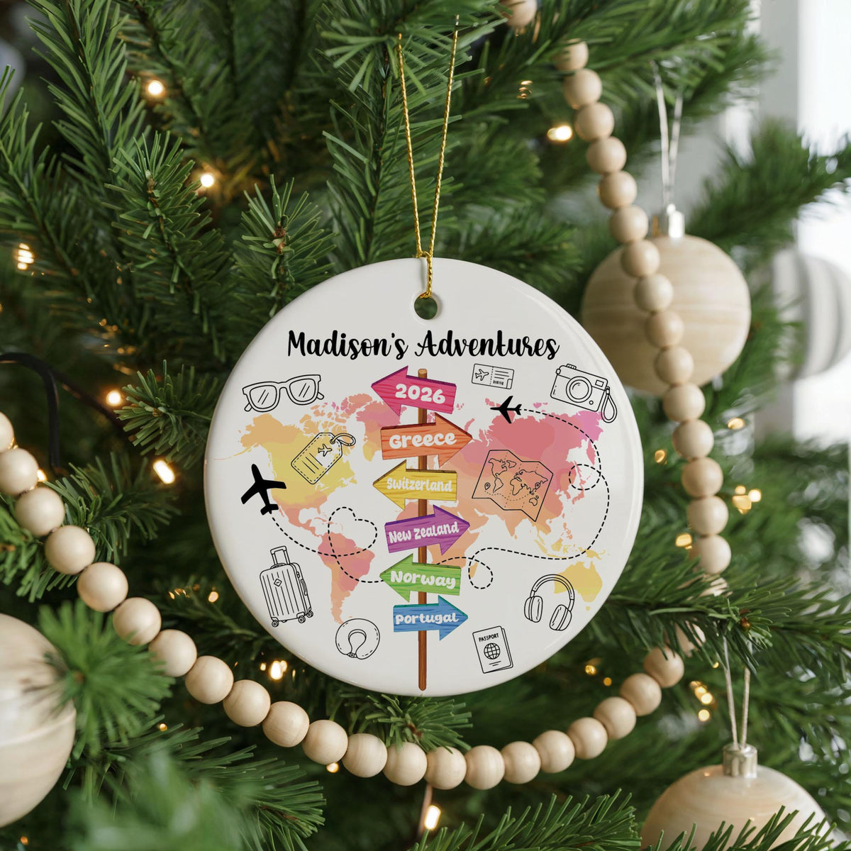 Personalized Travel Map Ceramic Ornament, 2026 Wanderlust Keepsake (2.75-inch)