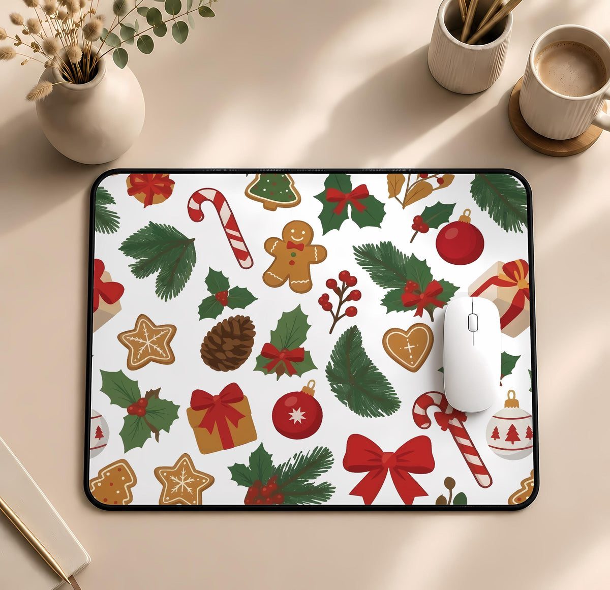 Christmas Mouse Pad, Cute Holiday Gaming Desk Mat, Gingerbread Man Candy Cane Xmas Mousepad