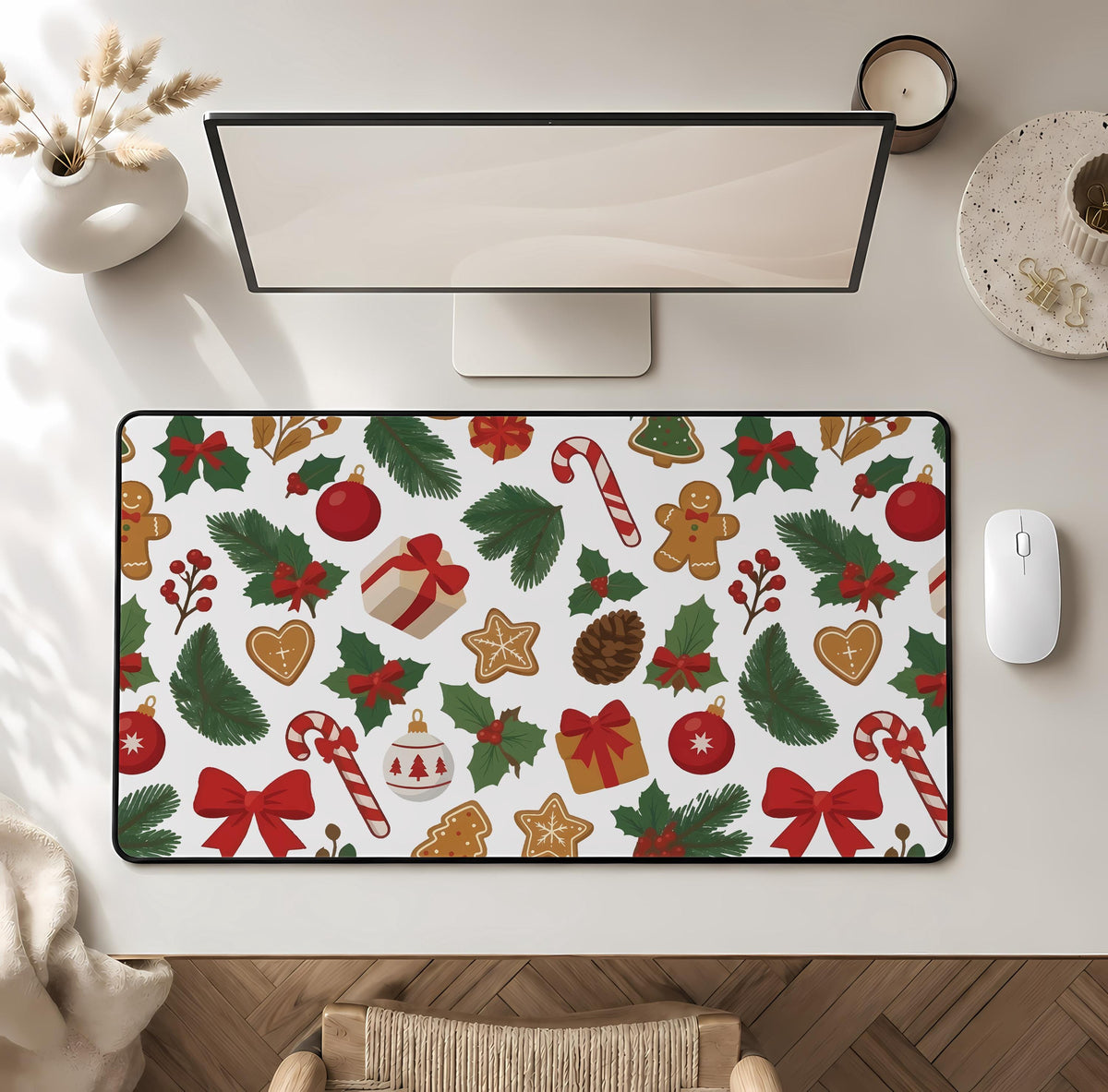 Christmas Mouse Pad, Cute Holiday Gaming Desk Mat, Gingerbread Man Candy Cane Xmas Mousepad