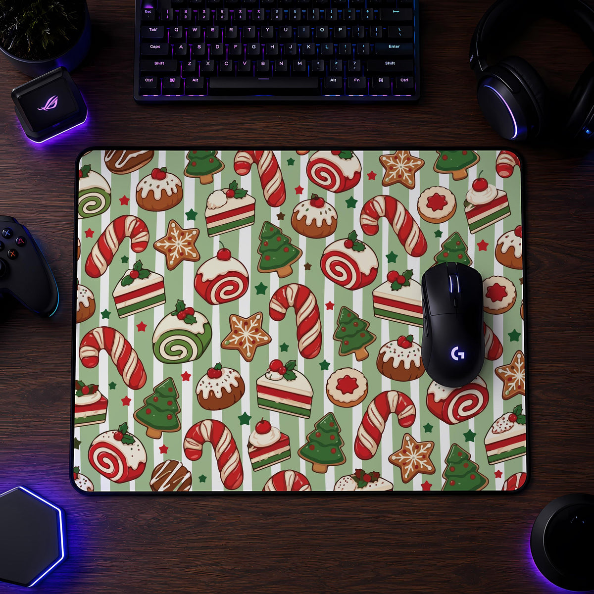 Candy Cane Christmas Desk Mat, Holiday Gaming Mouse Pad, Winter Wonderland Office Decor
