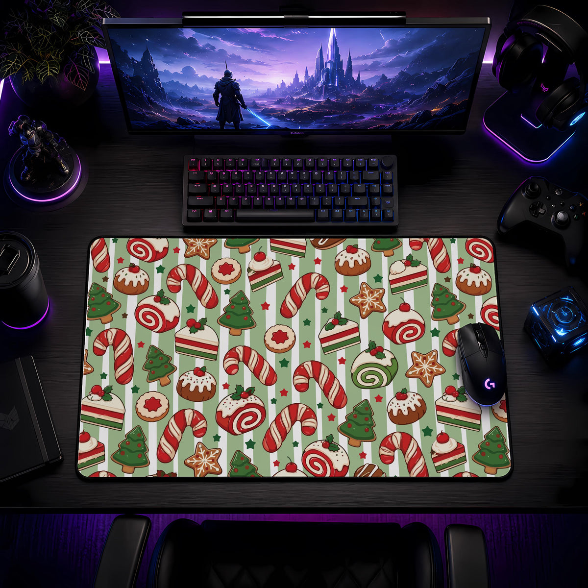 Candy Cane Christmas Desk Mat, Holiday Gaming Mouse Pad, Winter Wonderland Office Decor