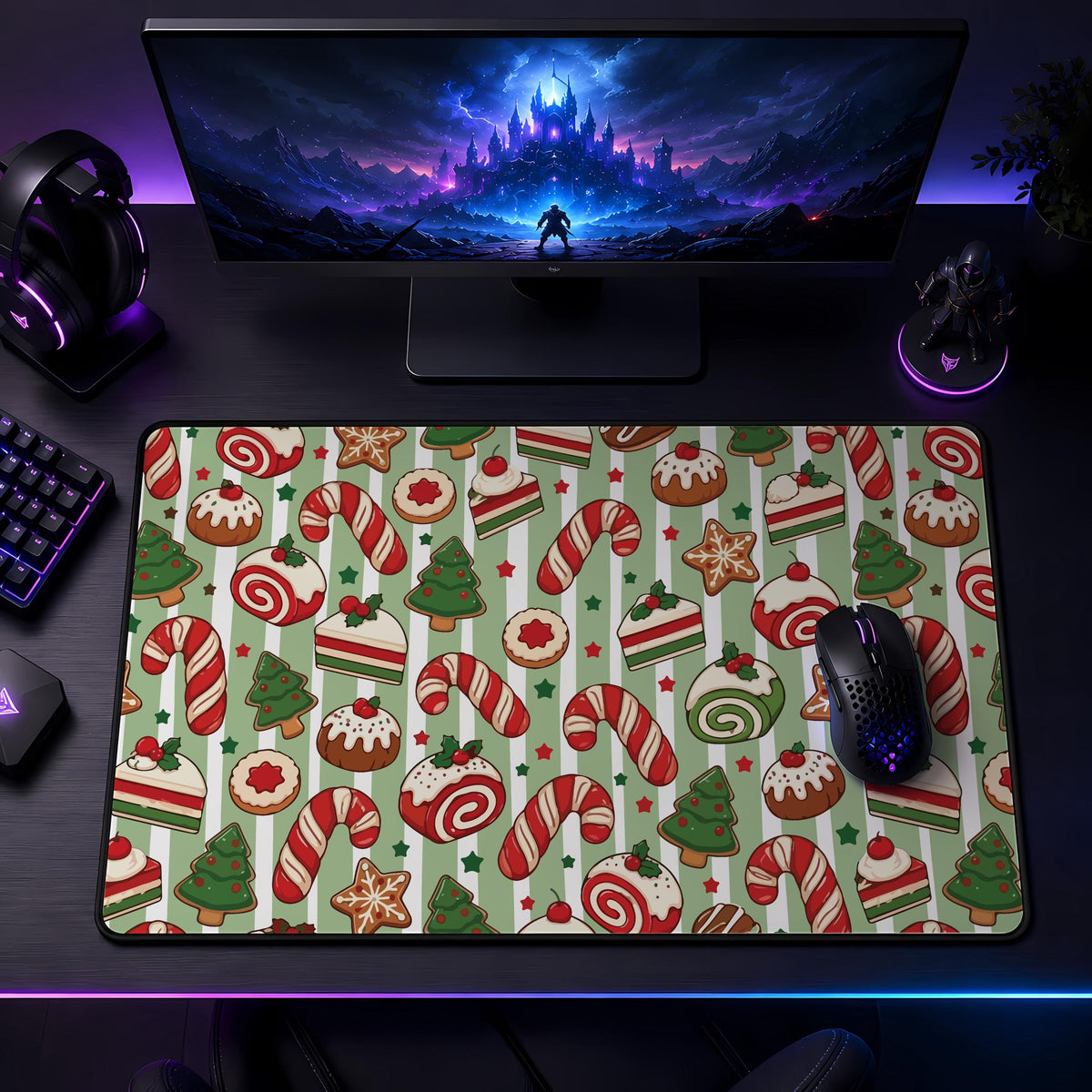 Candy Cane Christmas Desk Mat, Holiday Gaming Mouse Pad, Winter Wonderland Office Decor