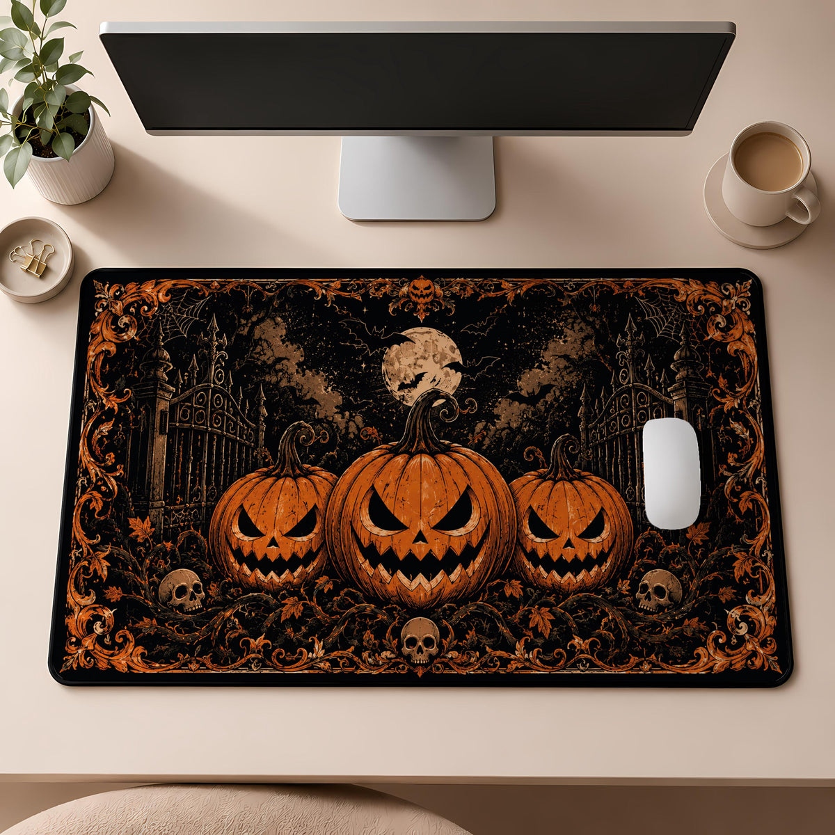 Halloween Desk Mat, Spooky Pumpkin Desk Pad, Jack O Lantern Extra Large Mousepad