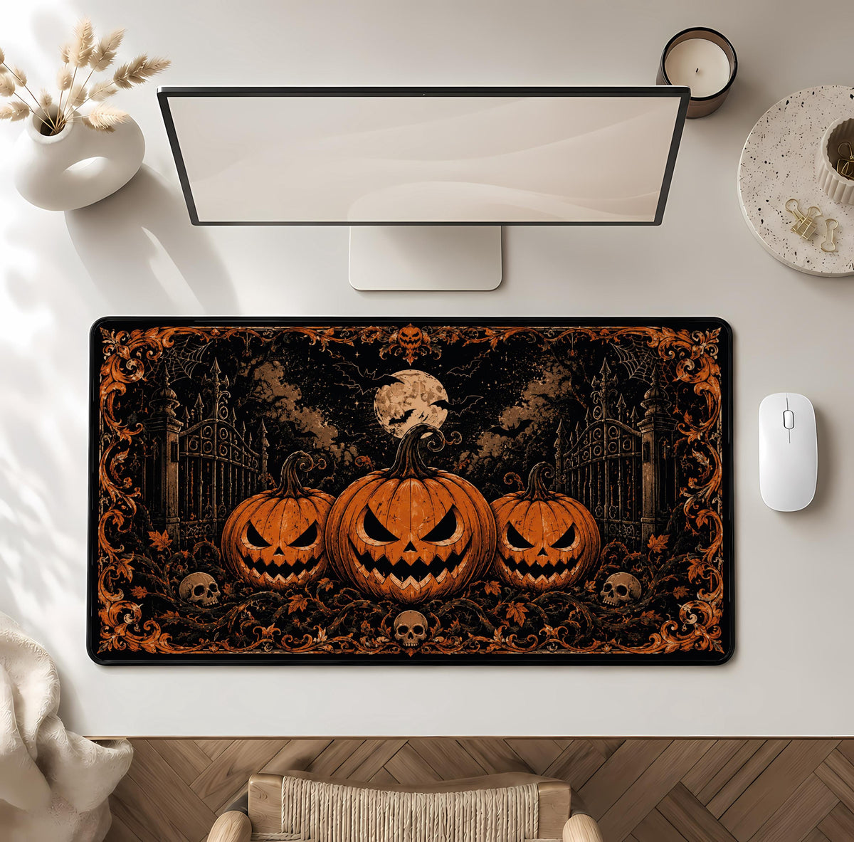 Halloween Desk Mat, Spooky Pumpkin Desk Pad, Jack O Lantern Extra Large Mousepad
