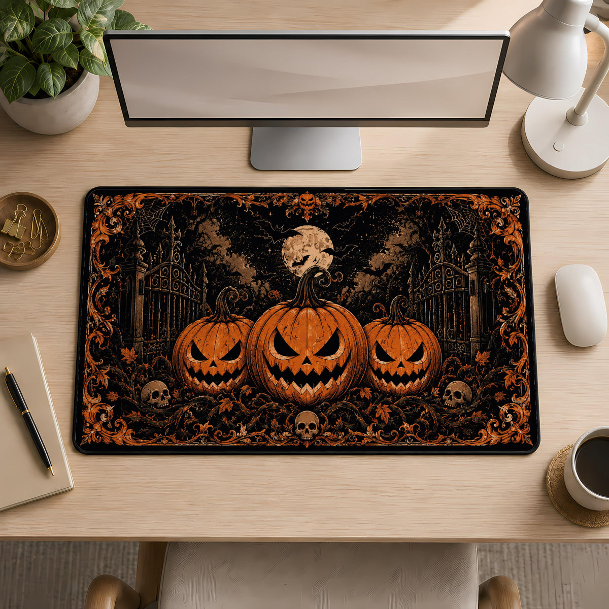 Halloween Desk Mat, Spooky Pumpkin Desk Pad, Jack O Lantern Extra Large Mousepad